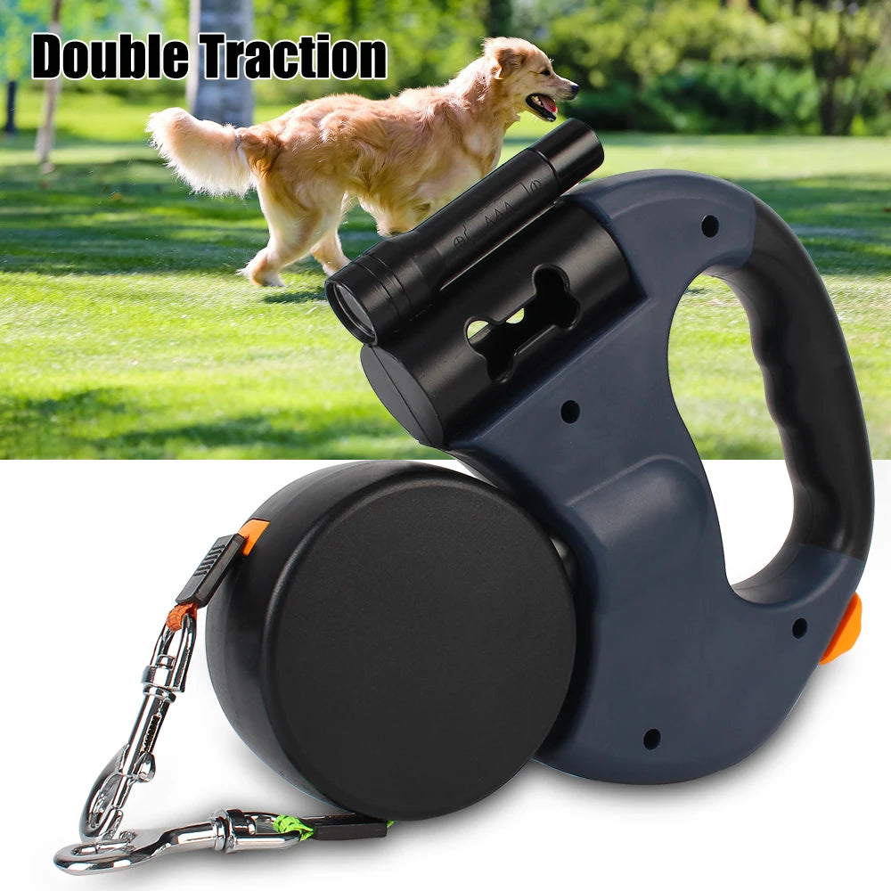 Roulette Dogs Strap With Flashlight Waste Bag Box Dual Dog Leash Auto Retractable 3m Double-Ended Traction Rope